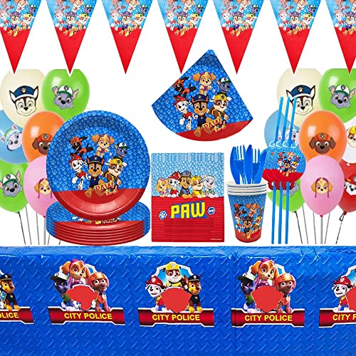 Blue Red Paw Dog Patrol Birthday Decorations For Girls, Birthday Party Supplies Serves 10 Guests With Plates, Balloons, Tablecloth, Napkins, Banner,Hats,Cups, Cupcake Toppers #TOP1