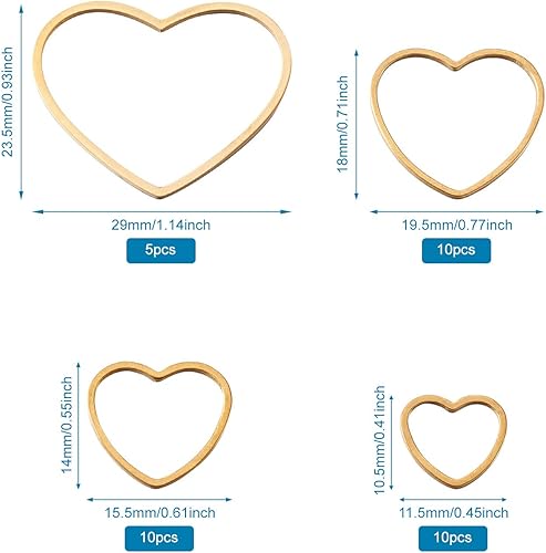 Miniatura 6 de FASHEWELRY 35 anillos de acero inoxidable con eslabones de corazón, 4 tamaños, diseño de corazón dorado, bisel abierto, conectores para colgar
