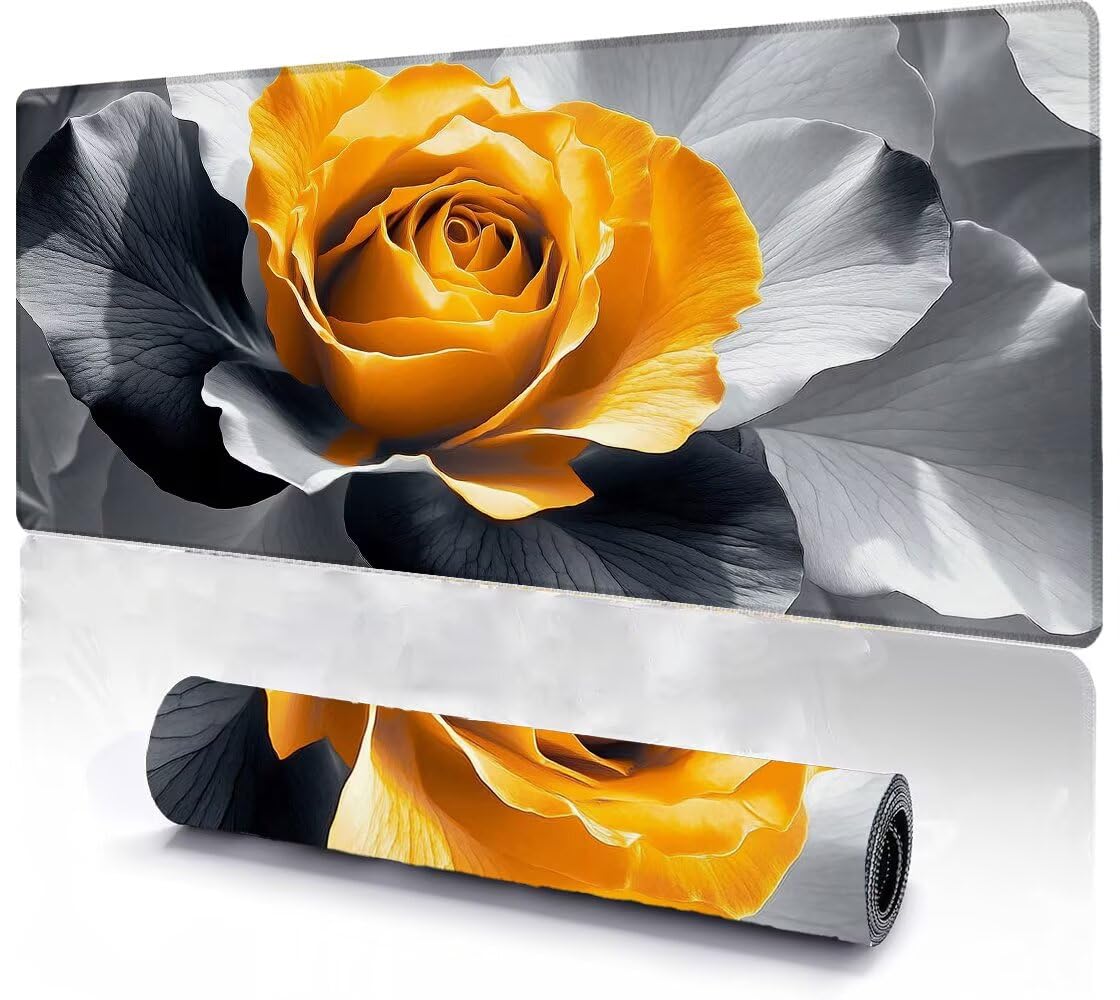 Podkładka pod mysz, duża, gamingowa podkładka pod mysz, XXL, żółta róża, 600 x 1200 x 3 mm, podkładka na biurko, antypoślizgowa gumowa podstawa, wodoodporna i trwała, podkładka pod klawiaturę, do