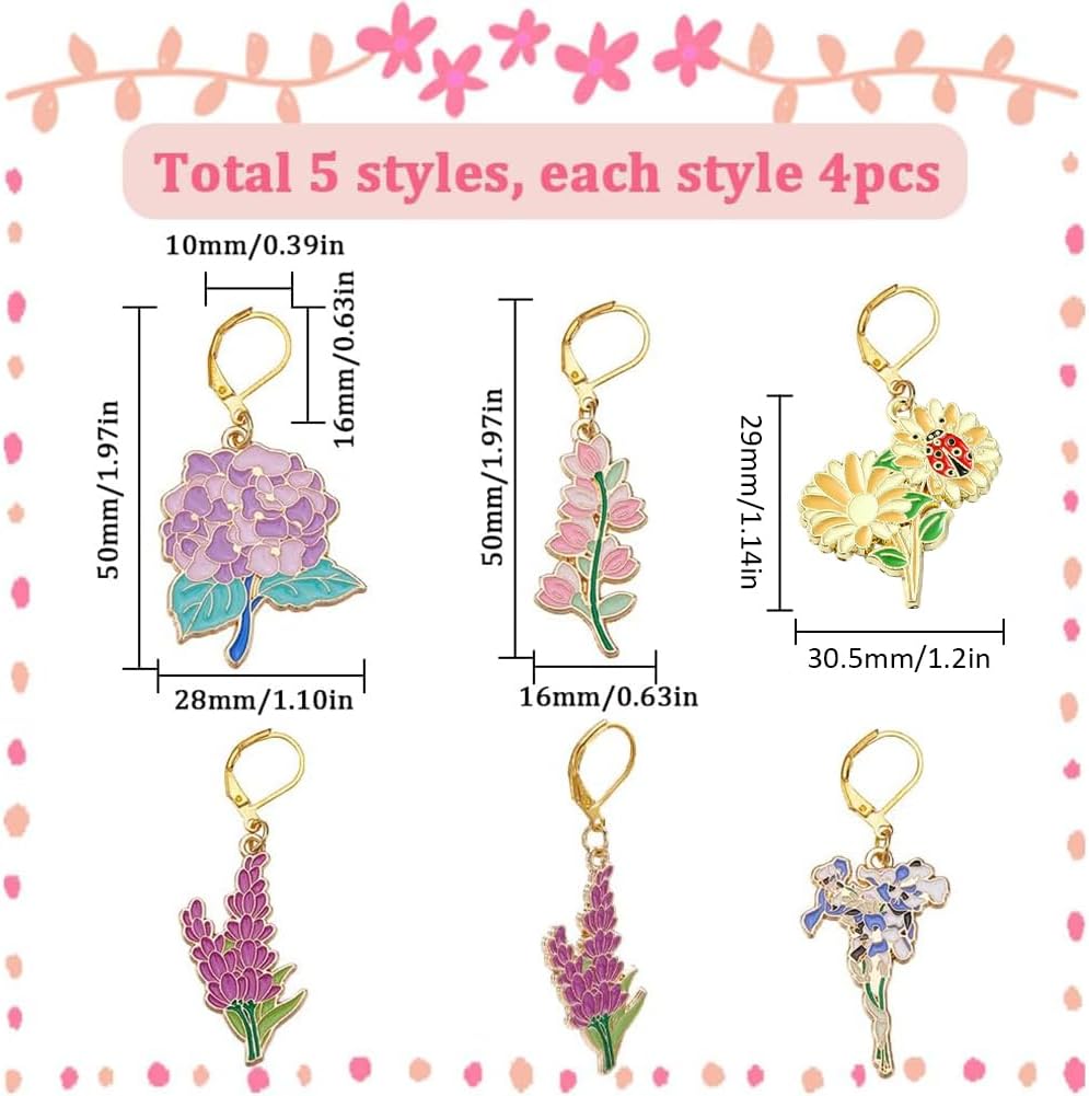 SUNNYCLUE 1 Box 20Pcs 5 Styles Flower Stitch Marker Knitting Markers Charms Bulk Colorful Gold Alloy Enamel Plant Floral Locking Charm with 304 Stainless Steel Clasps for Weaving Quilting Jewelry DIY