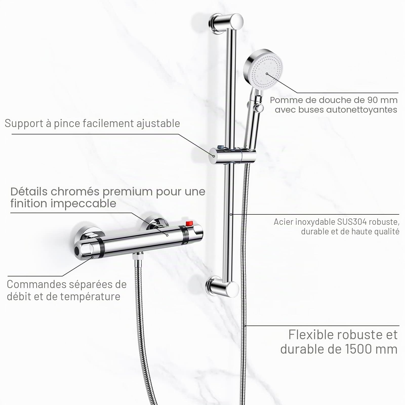 Ensemble de Douche avec Mitigeur Thermostatique avec Barre 635mm en Laiton | Système de Douche Thermostatique avec Mitigeur,Réglable Barre,Douchette à Main 5 Jets, Flexible Tuyau 1.5M, G 1/2", Chromé