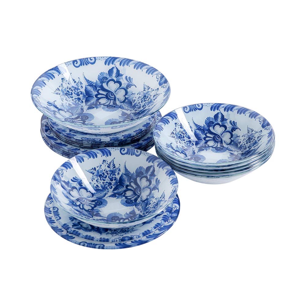 Gschel - Vajilla de 19 piezas de vidrio opal | Vajilla con diseño floral blanco y azul para 6 personas | Resistente a los golpes y microondas