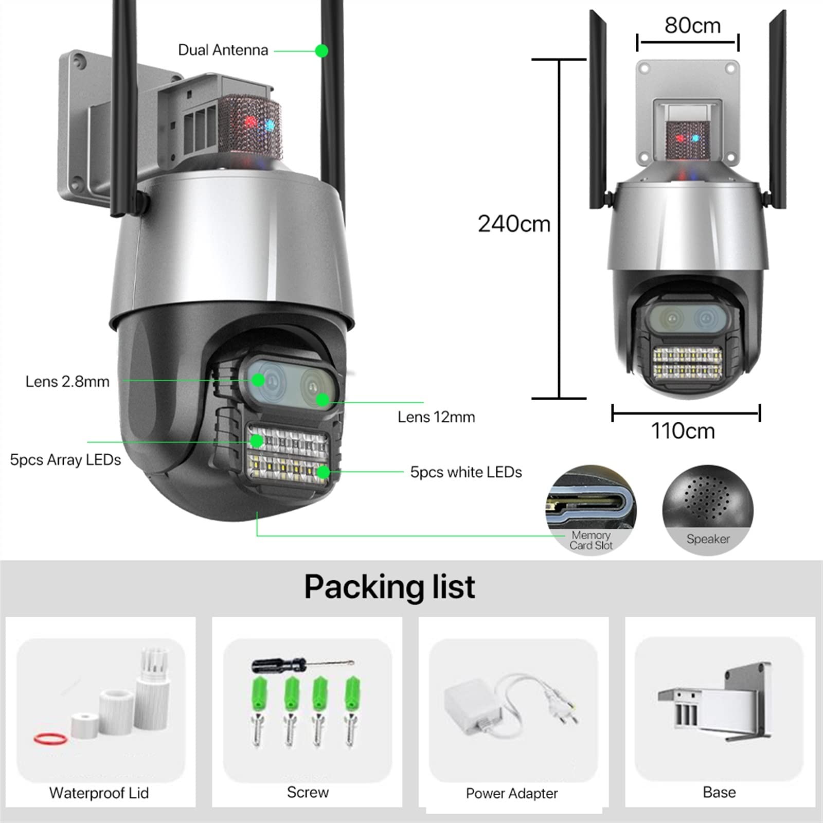 Kamera bezpieczeństwa, Kamera IP 8MP 4K Bezpieczeństwo Kamera PTZ 2.8 + 12mm Podwójny obiektyw Kolor zewnętrzny Noktowizor Kamera monitoringu CCTV 8x Zoom cyfrowy(8MP Add 128G Card)