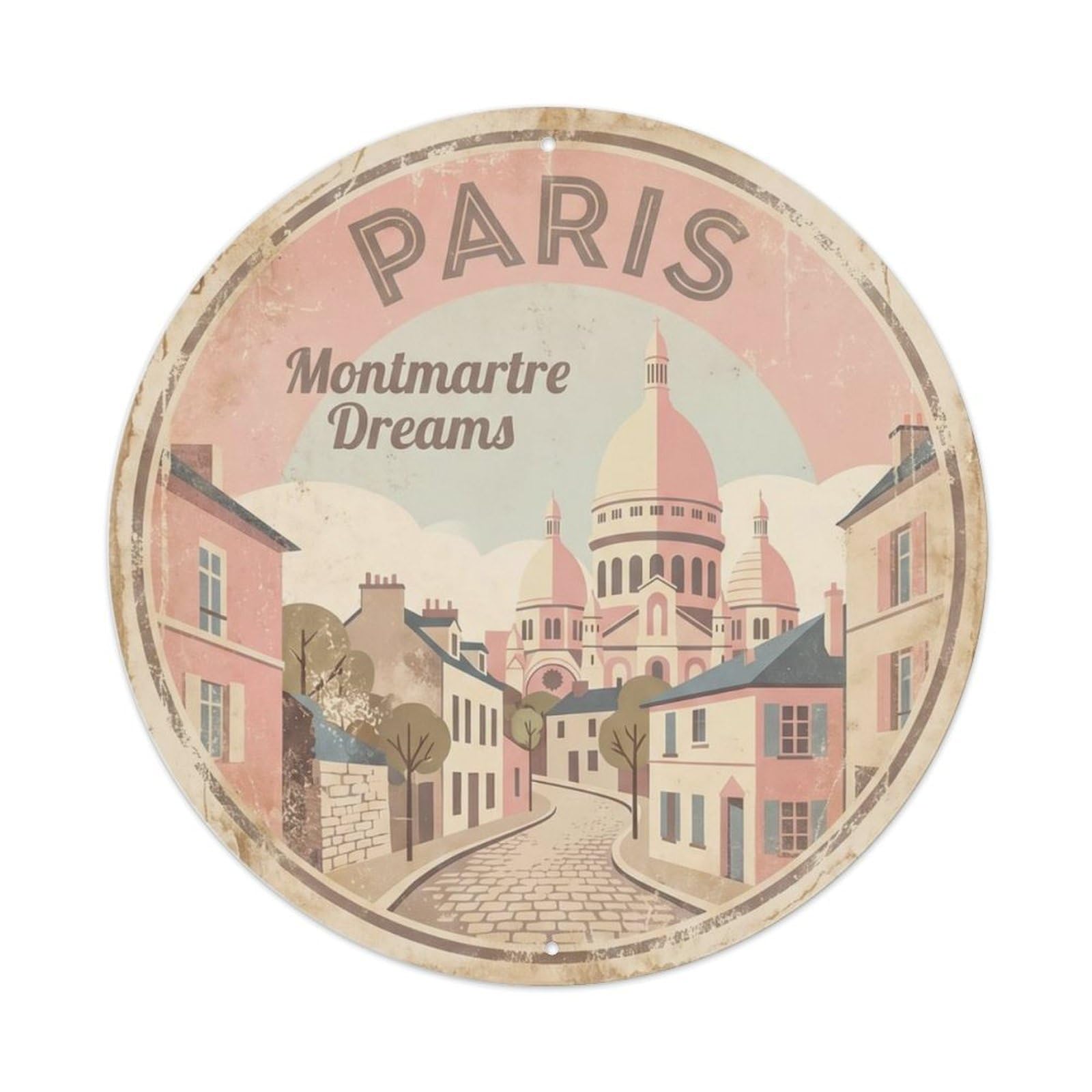 Vintage Travel Montmartre Paris France Metal Tin Sign Plaque Wall Decor for Cafe, Club, Garden Round Metal Poster 8x8Inch