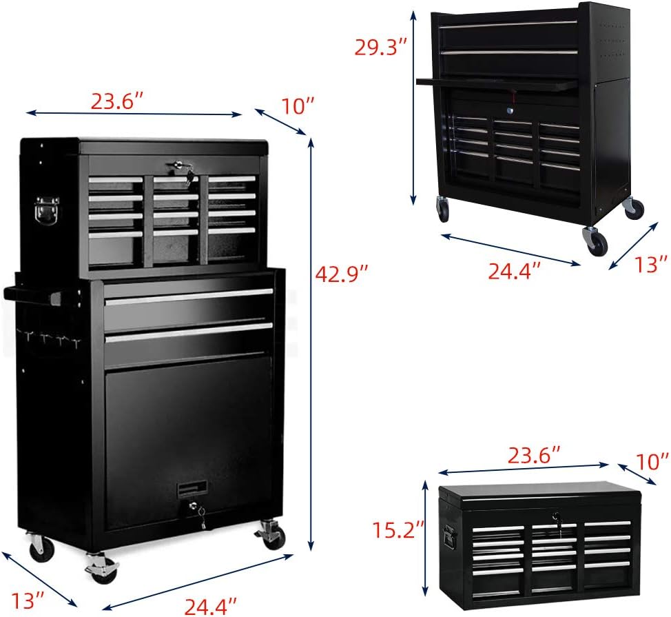 8-Drawer Rolling Tool Chest 2 in 1 High Capacity Tool Box Detachable Organizer Tool Storage Cabinet with 4 Wheels & Lockable Lined Drawers for Garage Warehouse Workshop (Black)