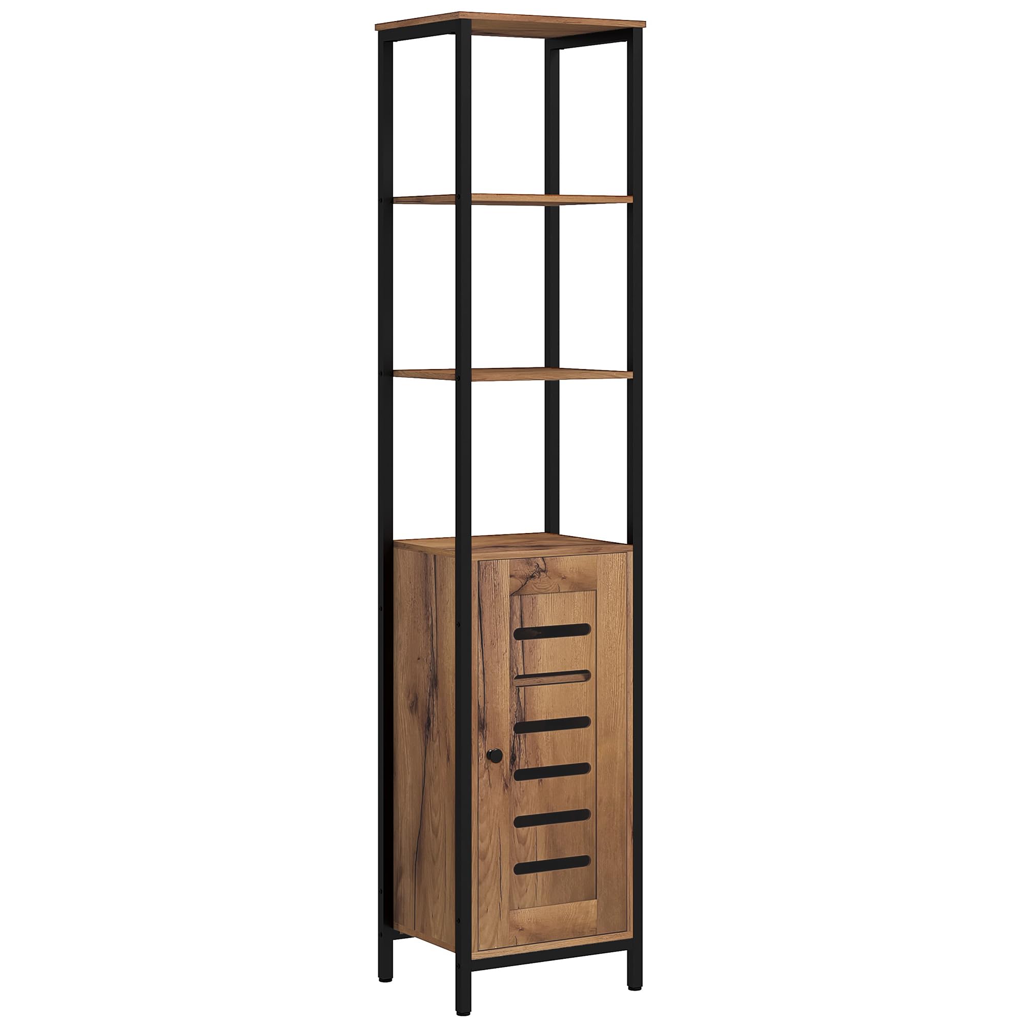 kleankin Armario de Baño Alto con Puerta de Lamas, Estantes Ajustables y Compartimentos Abiertos, Columna de Baño Estrecha, Marco de Acero, 37x30x167 cm, Marrón Rústico