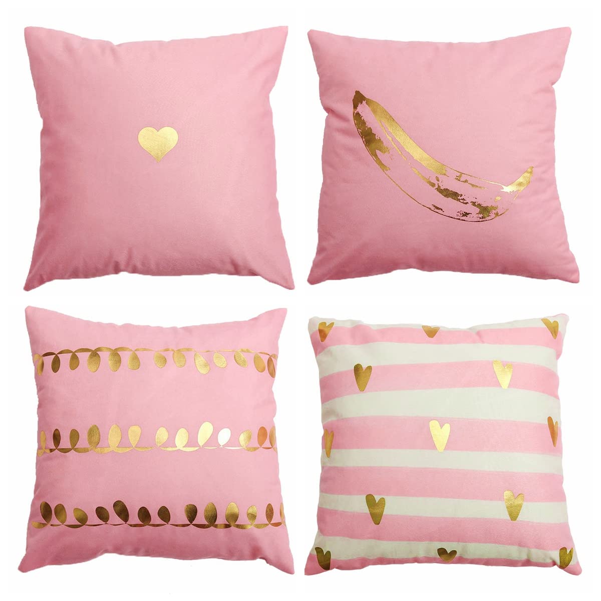Boomsea Pink Hearts Throw Pillow Covers Soft Decorative Gold Stamping Sweet Princess Square Cushion Case for Baby Girls Teen Girls Women Bed Couch 18 x 18 Set of 4 Sofa Rome Decor Set of 4