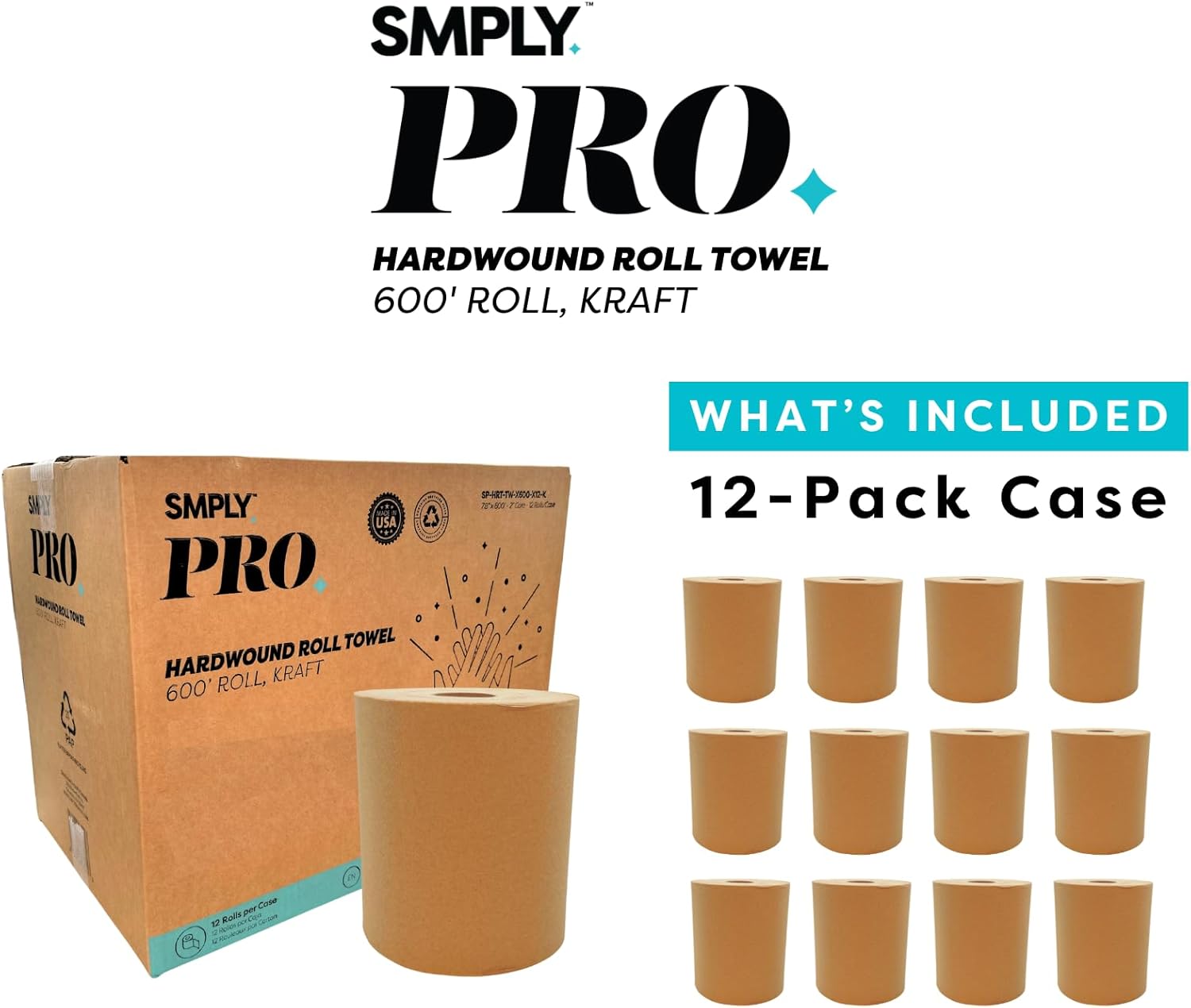 SMPLY PRO Hardwound Roll Towels – 600' Length, 12-Roll Case – Fits Universal Dispensers – Durable 2-Ply Kraft Towel for High-Traffic Restrooms, Kitchens, and Facilities