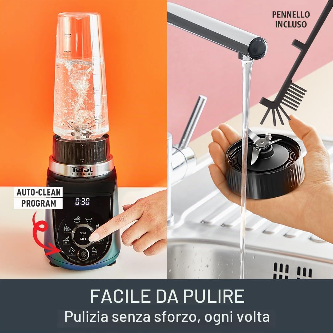 Tefal Blend Up Potente mini frullatore, modalità silenziosa, 1000 W, 8 preset automatici, programma di pulizia automatica, bottiglie On the Go BL19H4G0, blu boreale