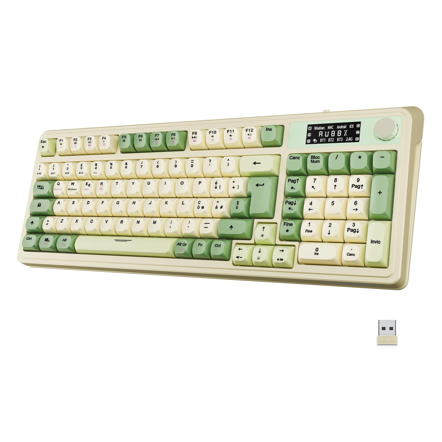 NEWWAY NK251 Teclado inalámbrico recargable - Diseño italiano QWERTY - Triple modos WiFi 2,4 GHz, BT/USB-C - Pantalla digital - Rueda multifunción - Retroiluminación RGB - Receptor en la parte