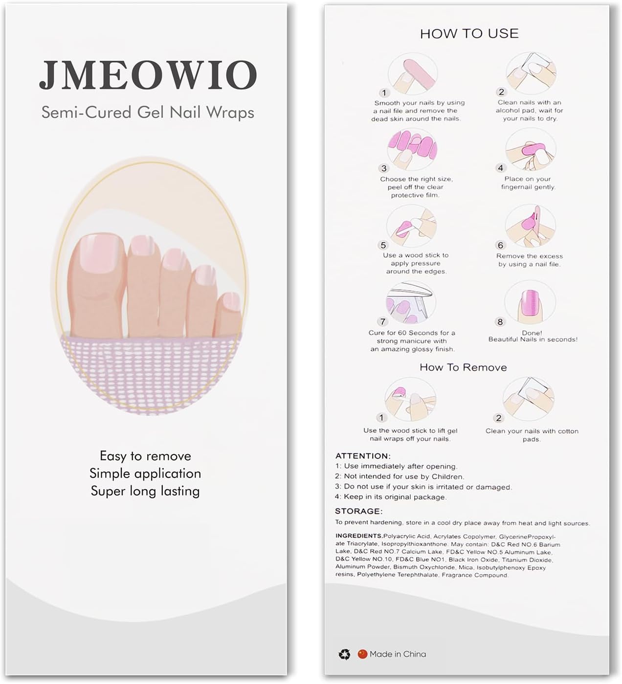 JMEOWIO Semi Cured Gel Toenail Strips Solid Color Gel Toenail Stickers Wraps UV/LED Nails Art Design Decoration Accessories