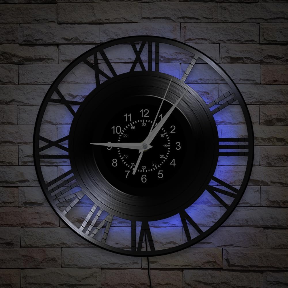 Roman Numerals Wall Clock, 7 Colors Luminous 12 Inch Night Light Wall Lamp Clock, Silent Quartz Non Ticking Modern Decorative Vinyl Record Wall Clock Watch for Living Room Bedroom Office