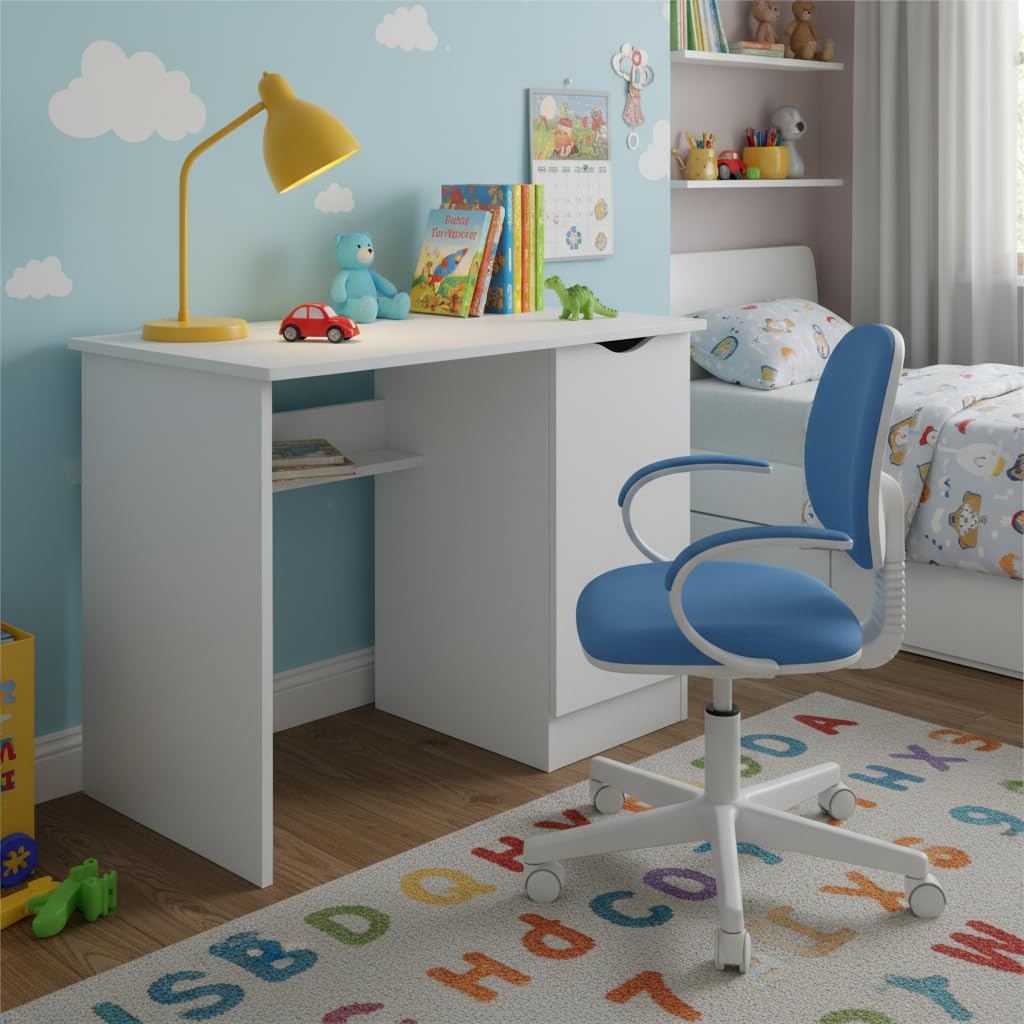 Leomark scrivania per bambini in legno 90cm x 50cm x 77cm (LxPxA), set di mobili per computer, scrittoio stile moderno, tavolo per imparare e giocare, Bianco