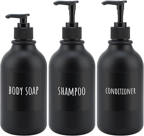 Segbeauty Dispensador de champú negro mate, 3 botellas de 16.9 onzas líquidas recargables con etiquetas, 16.9 fl oz de PET vacío para baño, ducha,
