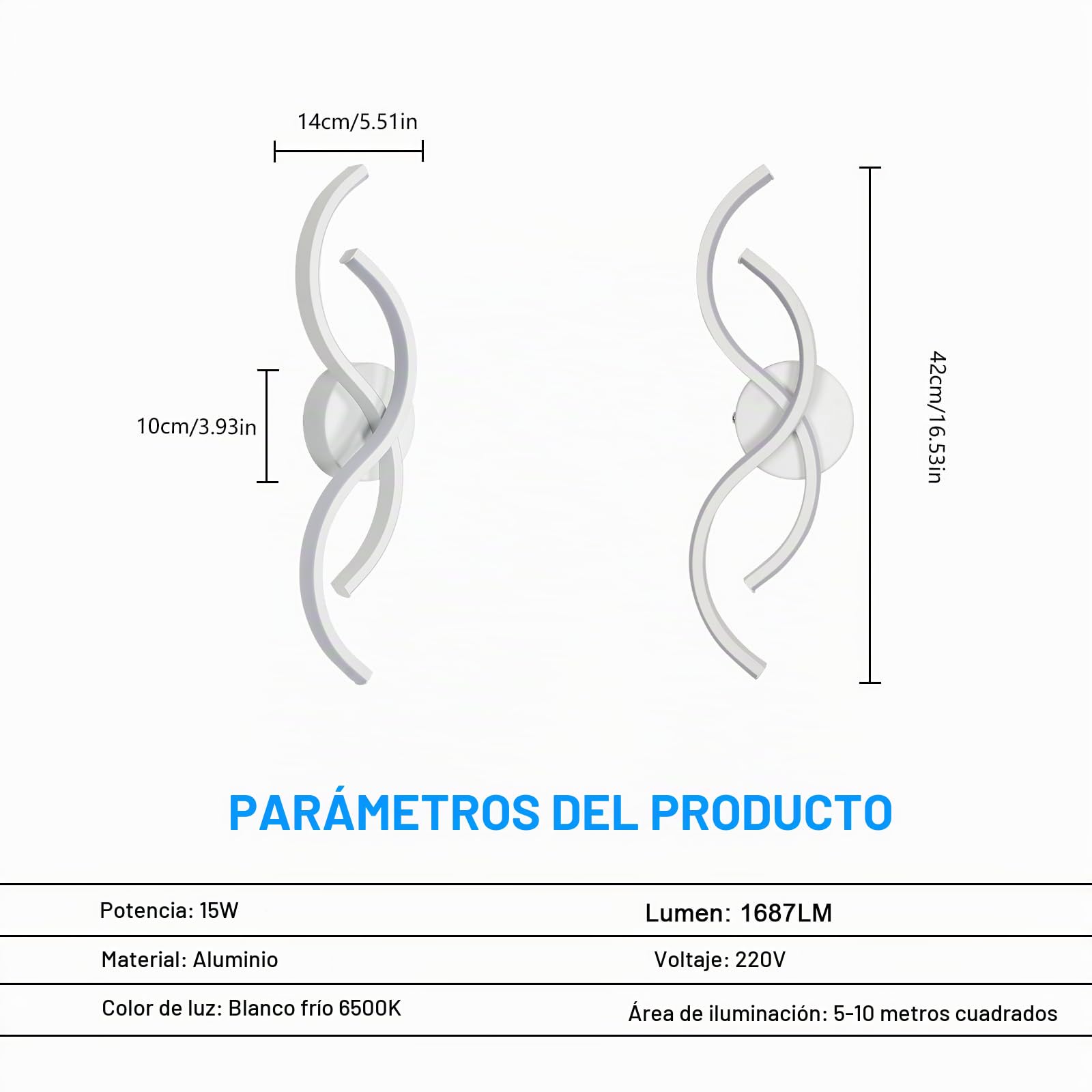 LED Lámpara de Pared Interior 42CM, Blanco Frío 6500K, 15W, Blanco | LED Aplique de Pared 15W 1687LM, Moderno Iluminación Interior Diseño Curvo para Dormitorio Sala de Estar Escaleras Pasillo