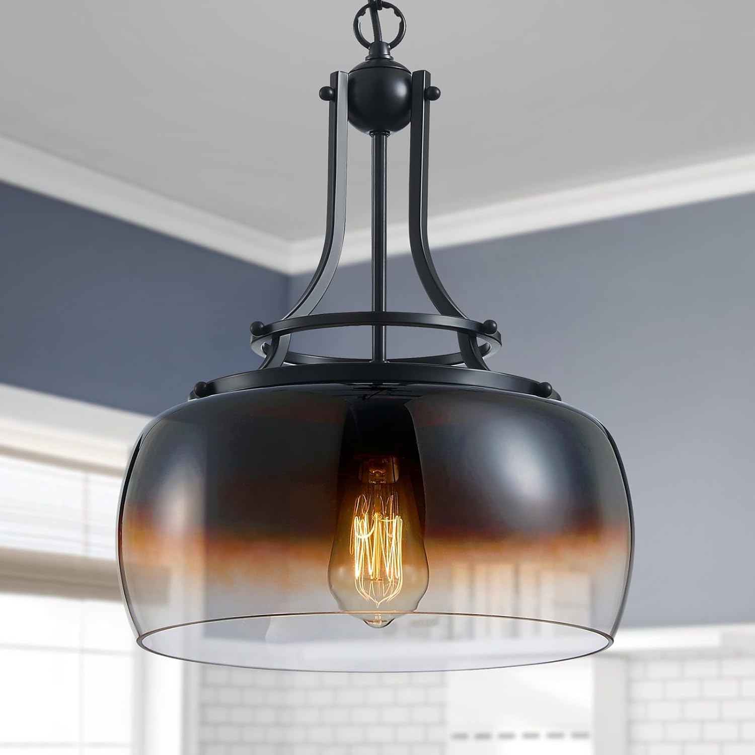 WUZUPS Chandelier Rustic Farmhouse Industrial Round Ceiling Pendant LED Light Fixture with Amber Gradient Black Glass Shades for Dining Room Kitchen Island Foyer Entryway, H 17" x W 13.4", E26 Base Pendant Light, Amber gradient black