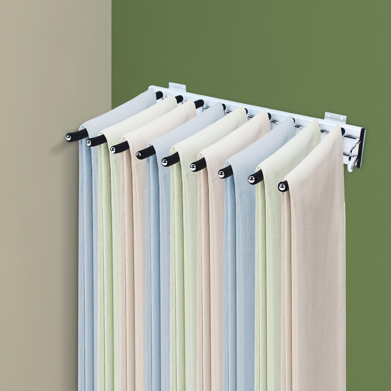 Soporte para pantalones, ropa, armario, percheros, bastidores extensibles, accesorios extensibles, de una sola fila, negro para bufandas y pantalones de pasión, con 9 barras de gancho (instalación