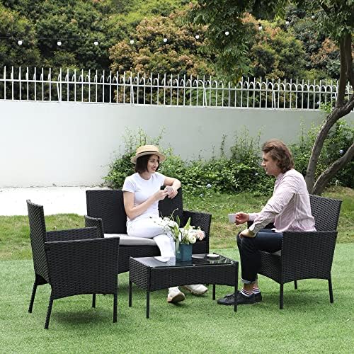 Xhomrattan Rattan Garden Furniture Sets, 4 Piece Outdoor Garden Patio Furniture with Thick Cushion, 2 Seaters Wicker Rattan Sofa, Chairs, Coffee Table for Backyard, Lawn, Balcony, Conservatory, Black