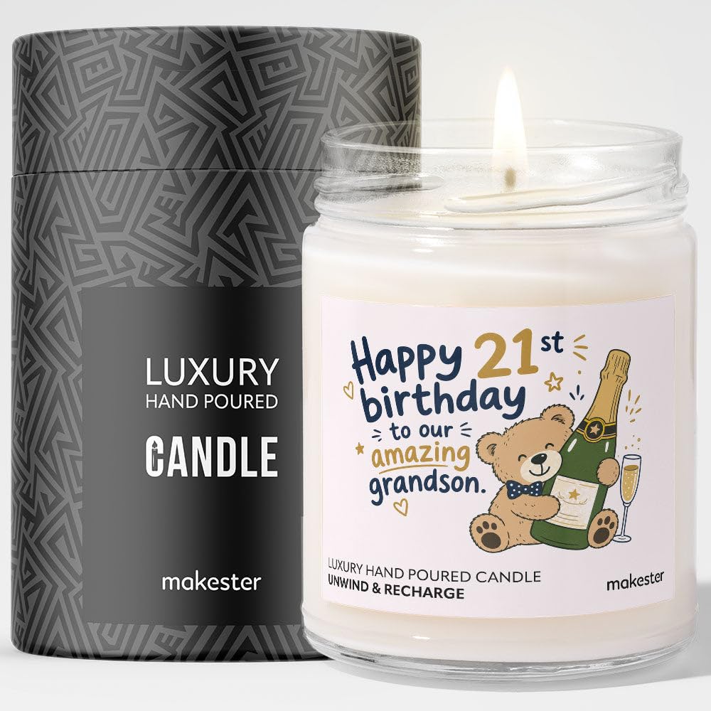 21st Birthday Gift for Grandson - Luxury Soy Wax Candle - Vanilla, Jasmine, Sugared Almond - Makester