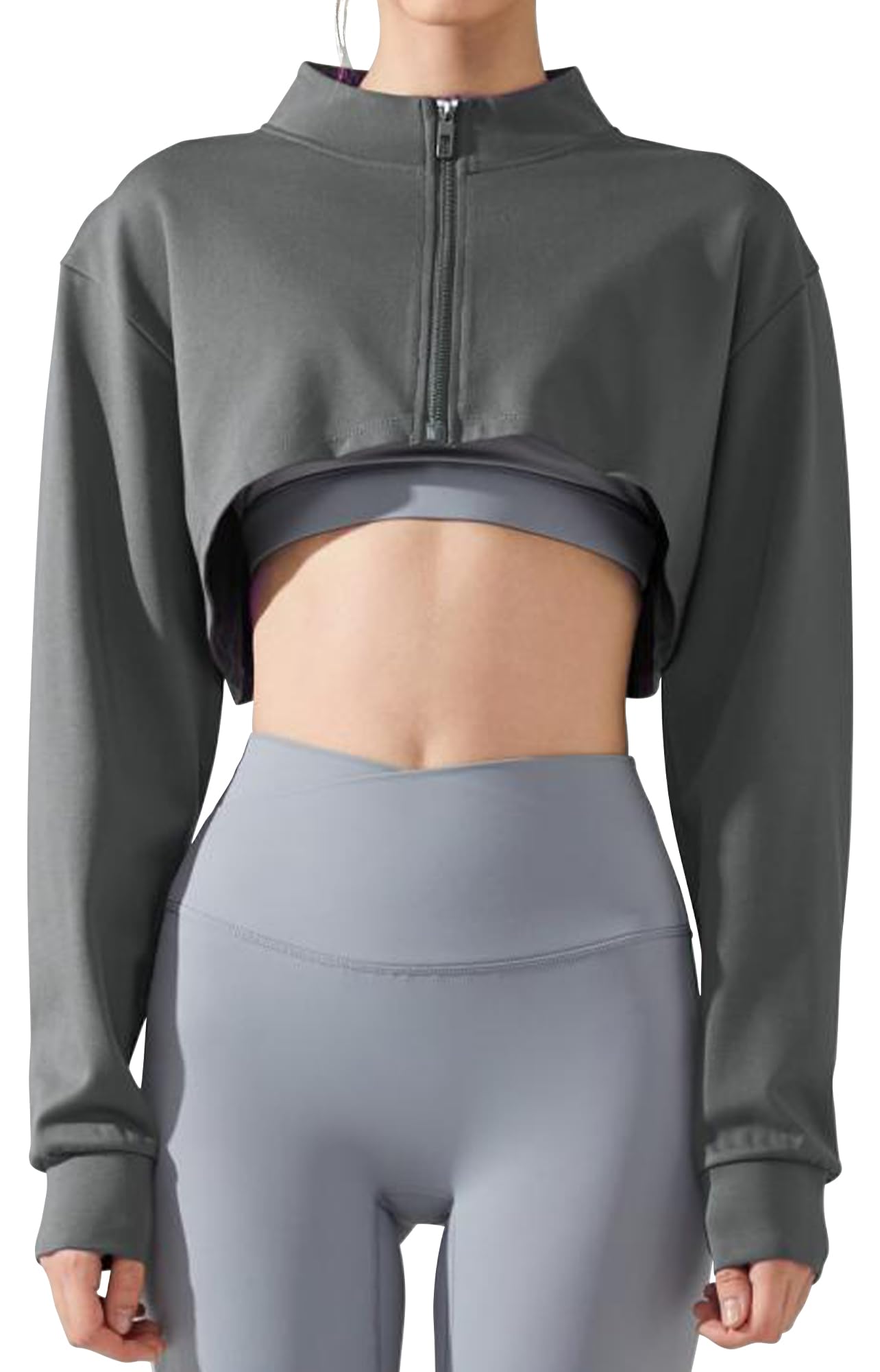 SEAUR Long Sleeve Front Zip Crop Tops Workout Athletic Gym Loose Shirts Casual Cropped Sweatshirts for Women