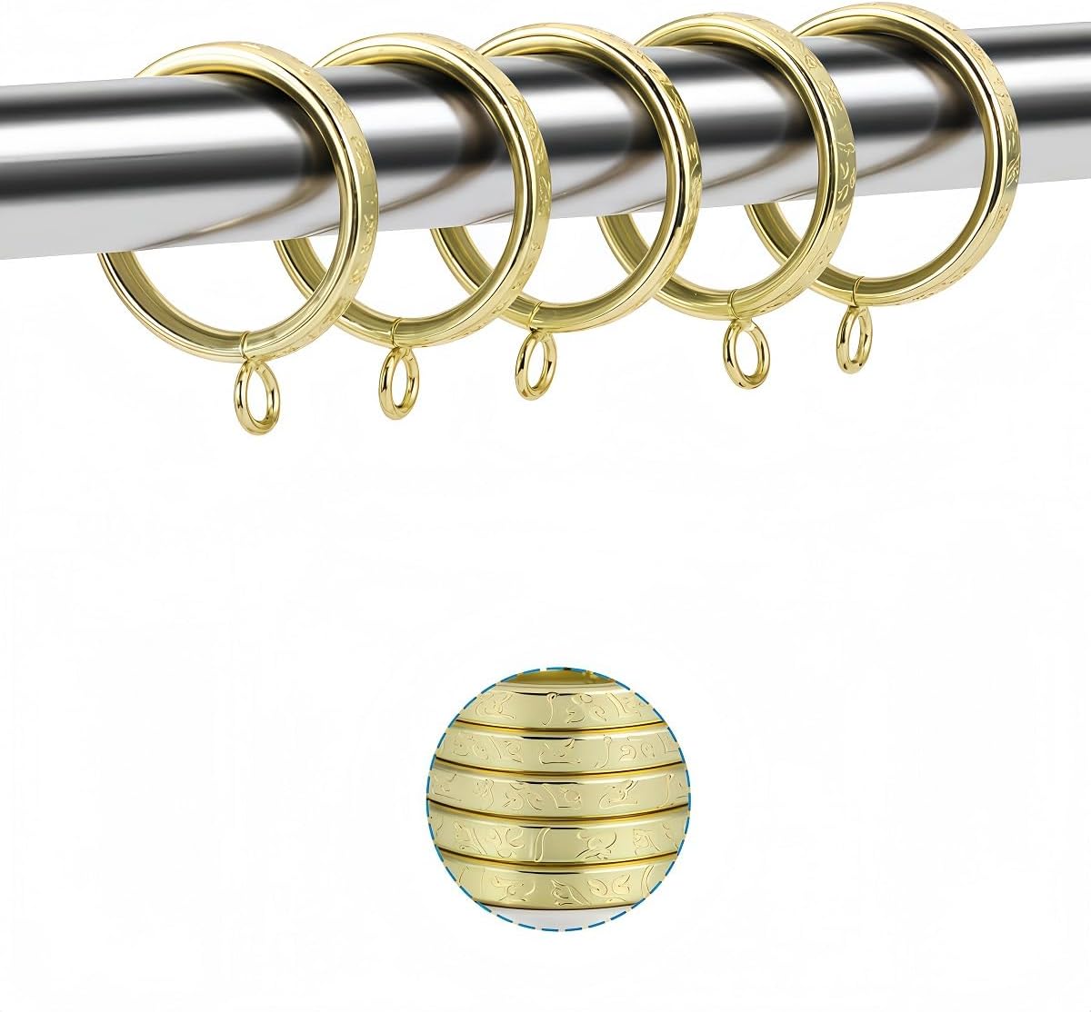 Thick Metal Eyelet Curtain Rings with Ancient Script Engraving,1.26-Inch Inner Diameter, for Rods up to 1.0-Inches, Decorative Drapery Hardware (Gold-42pcs)