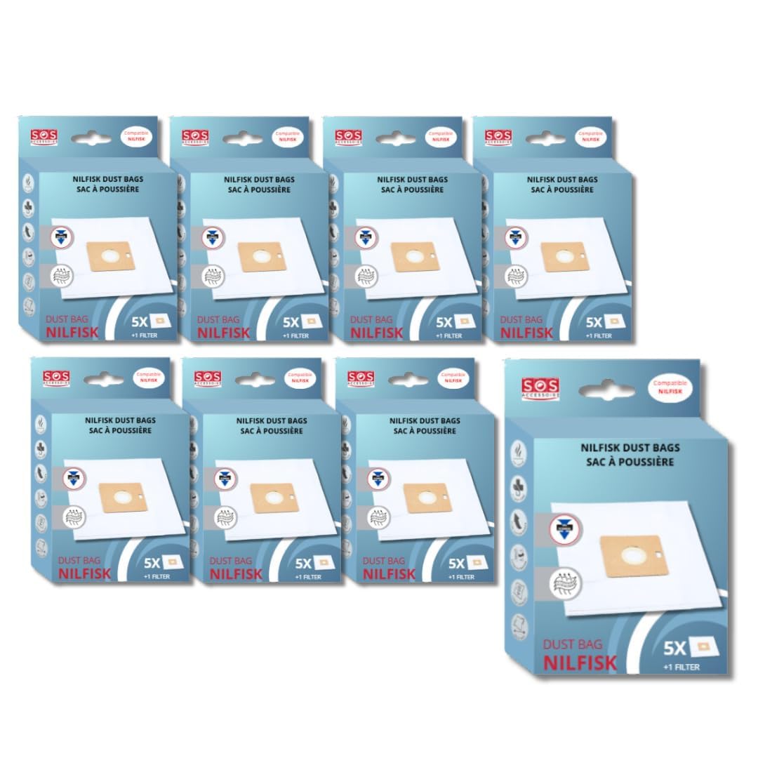 SOS - Juego de 8 cajas de 5 bolsas con 1 filtro para aspiradora NILFISK 78602600, 22422400