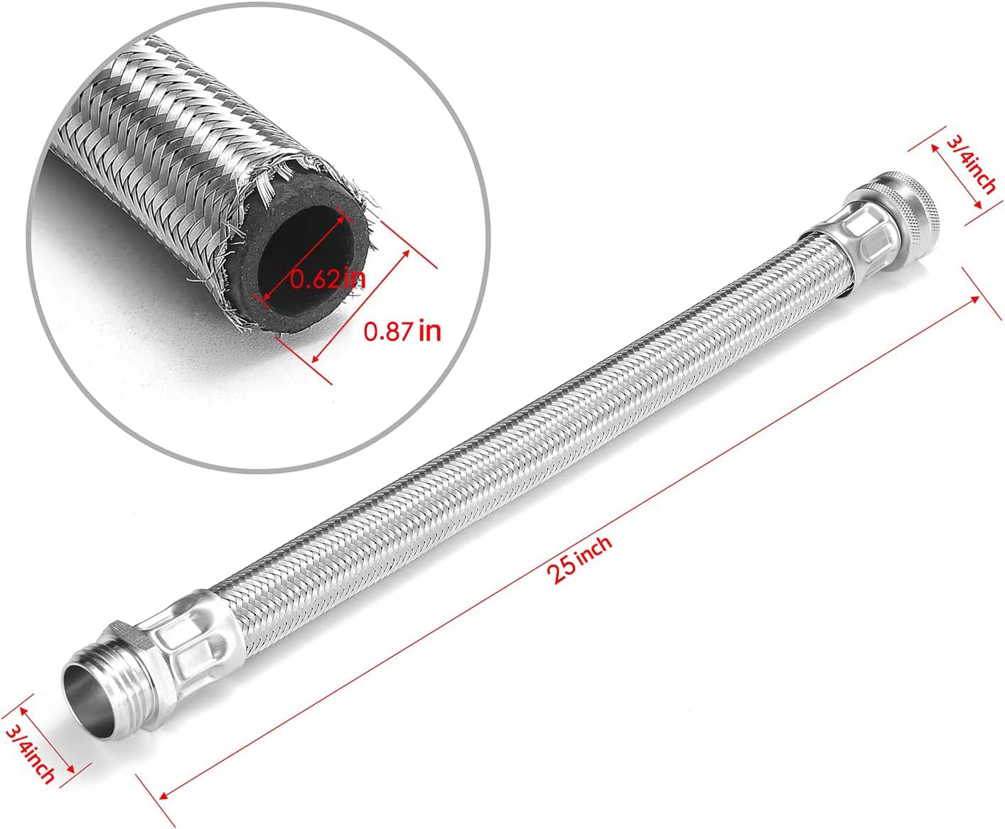 Garden Hose Extender, Kink-Free Saver,Braided Stainless Steel Water-Inlet Hose (Hose OD 0.87", ID 0.62")