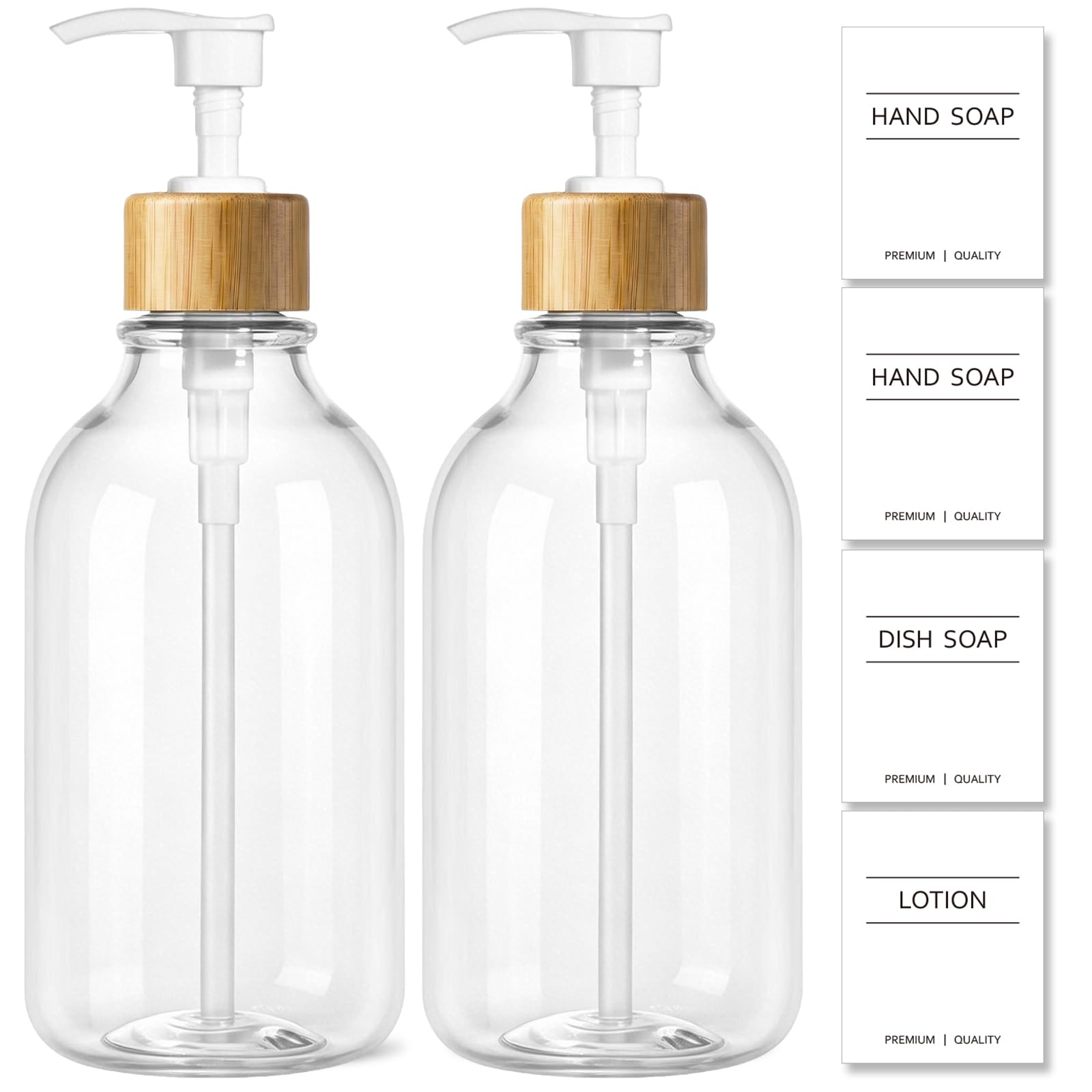 KASUNTING Dispensador de jabón transparente, paquete de 2 dispensadores de jabón de manos y loción de baño con bomba de bambú, juego de dispensadores de jabón de manos y platos de plástico de 16 onzas