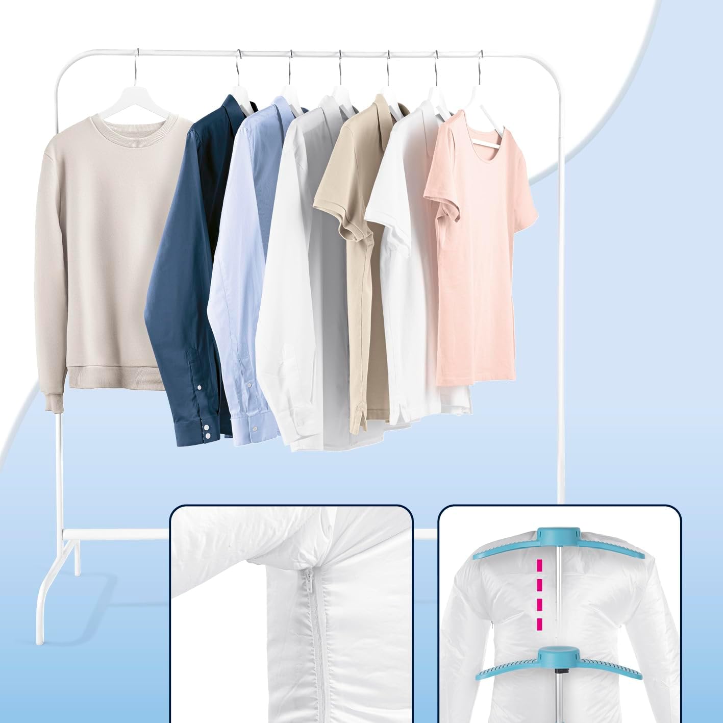 Nahaufnahme der verstellbaren Funktionen der automatischen Bügelmaschine CLEANmaxx PRO, darunter ein Reißverschluss zur Größenanpassung und eine Teleskopstange.