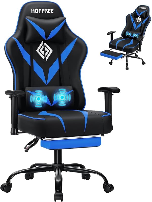 Silla de Juegos de Masaje Silla de Computadora Reclinable de 155° Silla de Juego Ergonómica-Azul | Reposabrazos ajustables, reposapiés, cojín de resortes ensacados, cómodo y ergonómico, para el hogar/oficina, para niños/adultos, varios colores disponibles