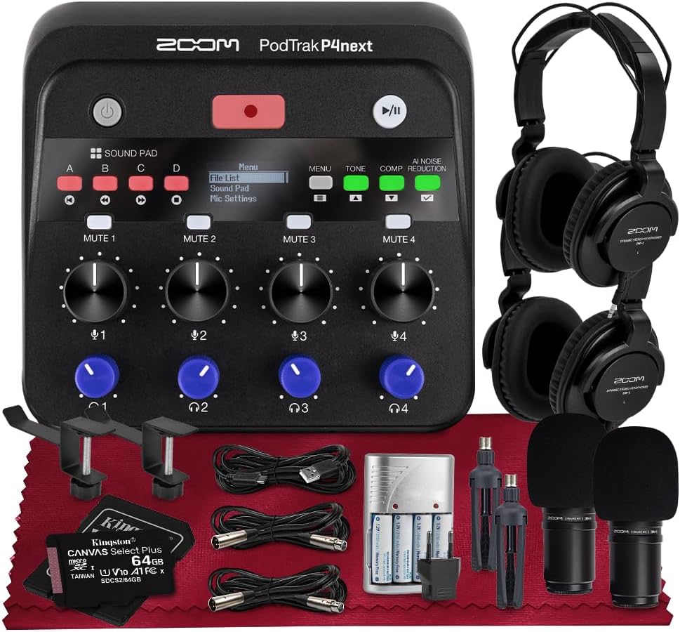 Zoom PodTrak P4next Podcast Recorder, Portable Multitrack Audio Recording w/ 4 Mic Inputs Includes 2 Podcast Mic Packs, XLR Cables, Rechargeable Batt & More for Interviews, Remote Guest Recording