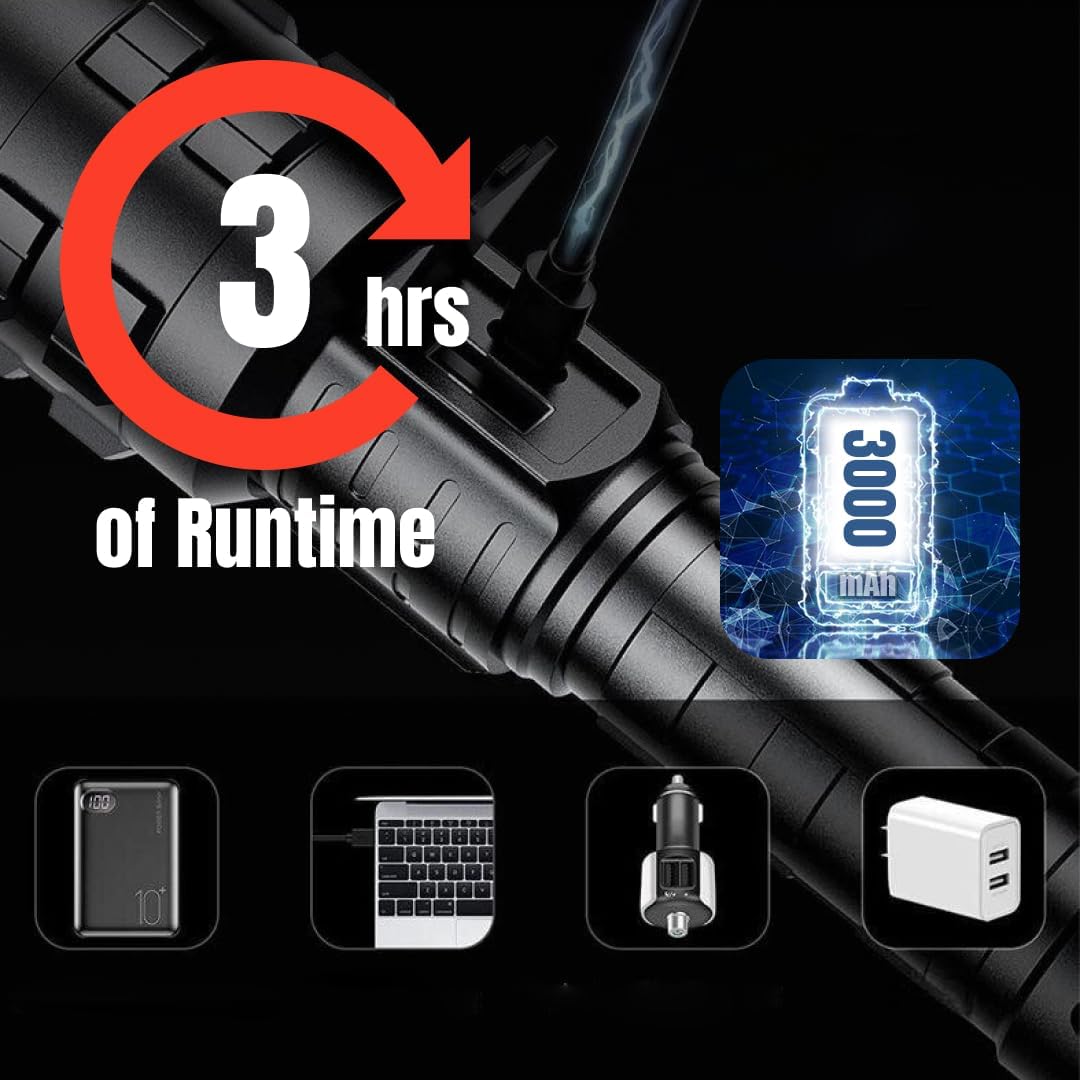 NightBuddy flashlight being charged via USB cable, showing 3 hours runtime and 3000mAh battery