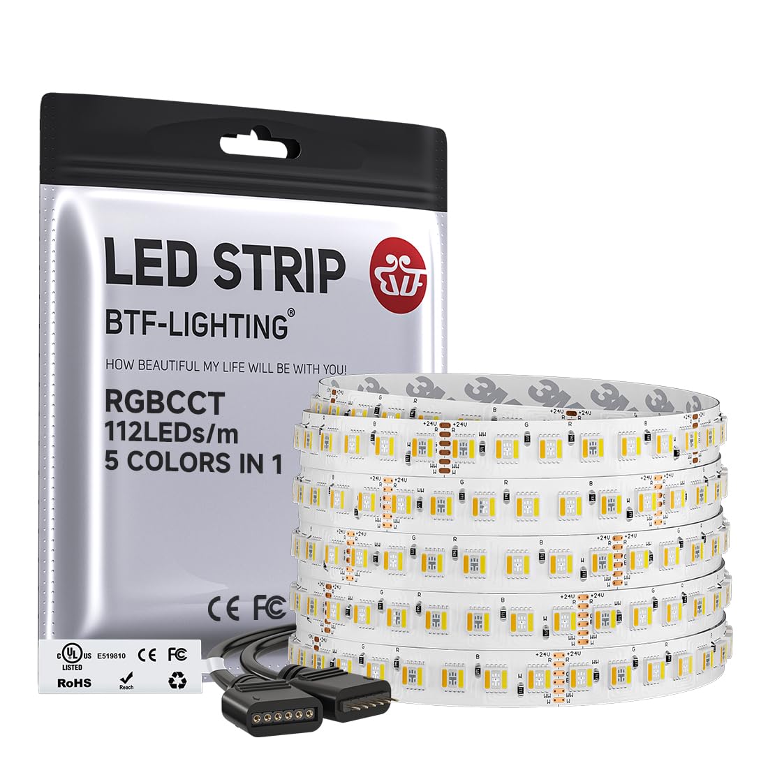 BTF-LIGHTING RGBCCT 5 kolorów w 1 pasek LED 5050SMD RGB + ciepła biel zimna biel ściemniana taśma LED DC24V 5M 112 diod LEDs/m PCB biała IP30 do wnętrza salonu, sypialni, kuchni (tylko pasek)