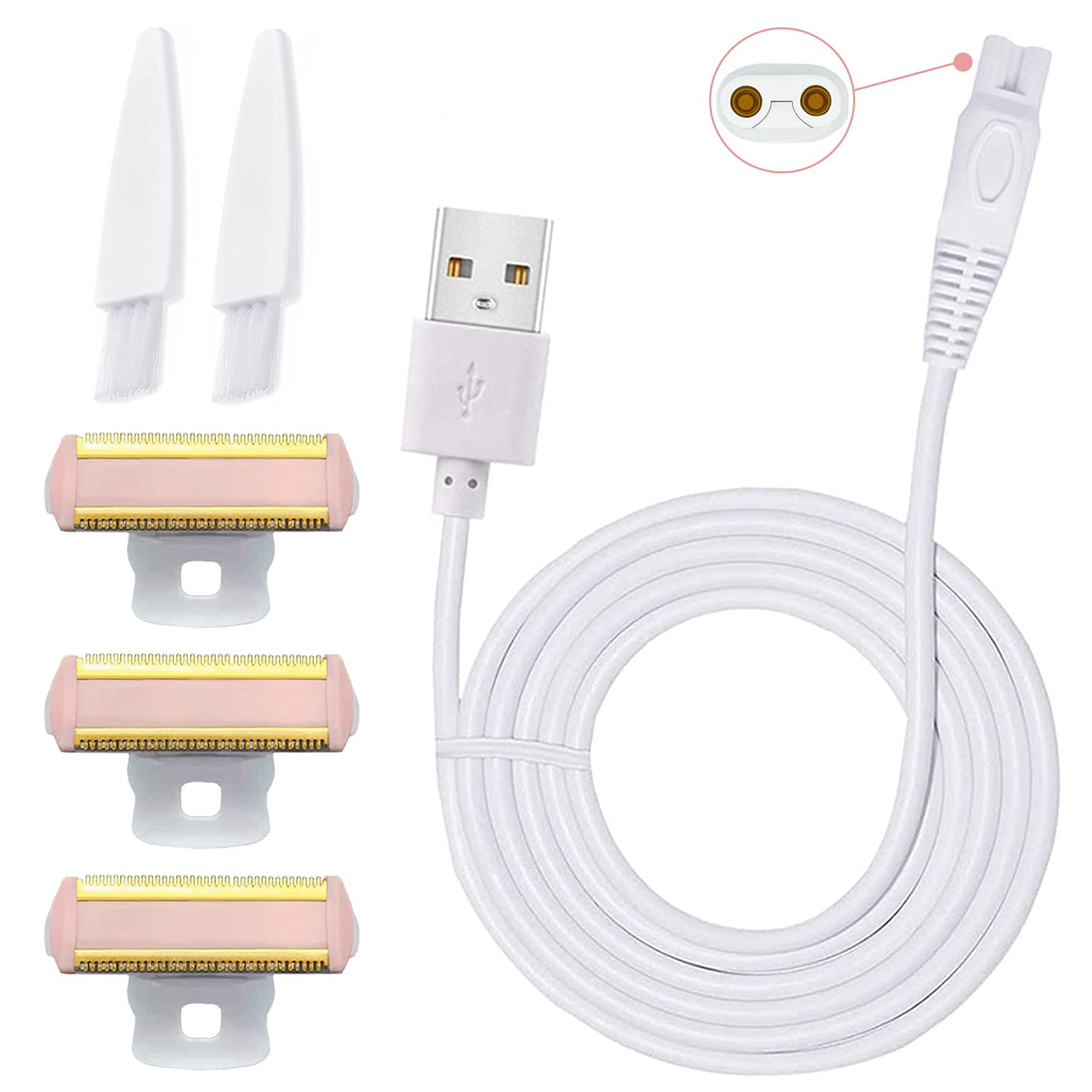 3PCS LinMei Razor Replacement Heads Compatible for Finishing Touch Flawless Body Rechargeable Ladies Shaver and Trimmer with USB Charger, 2 Cleaning Brush