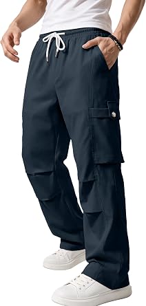 PLEPAN Mens Casual Cargo Pants with Double Knee Pleats