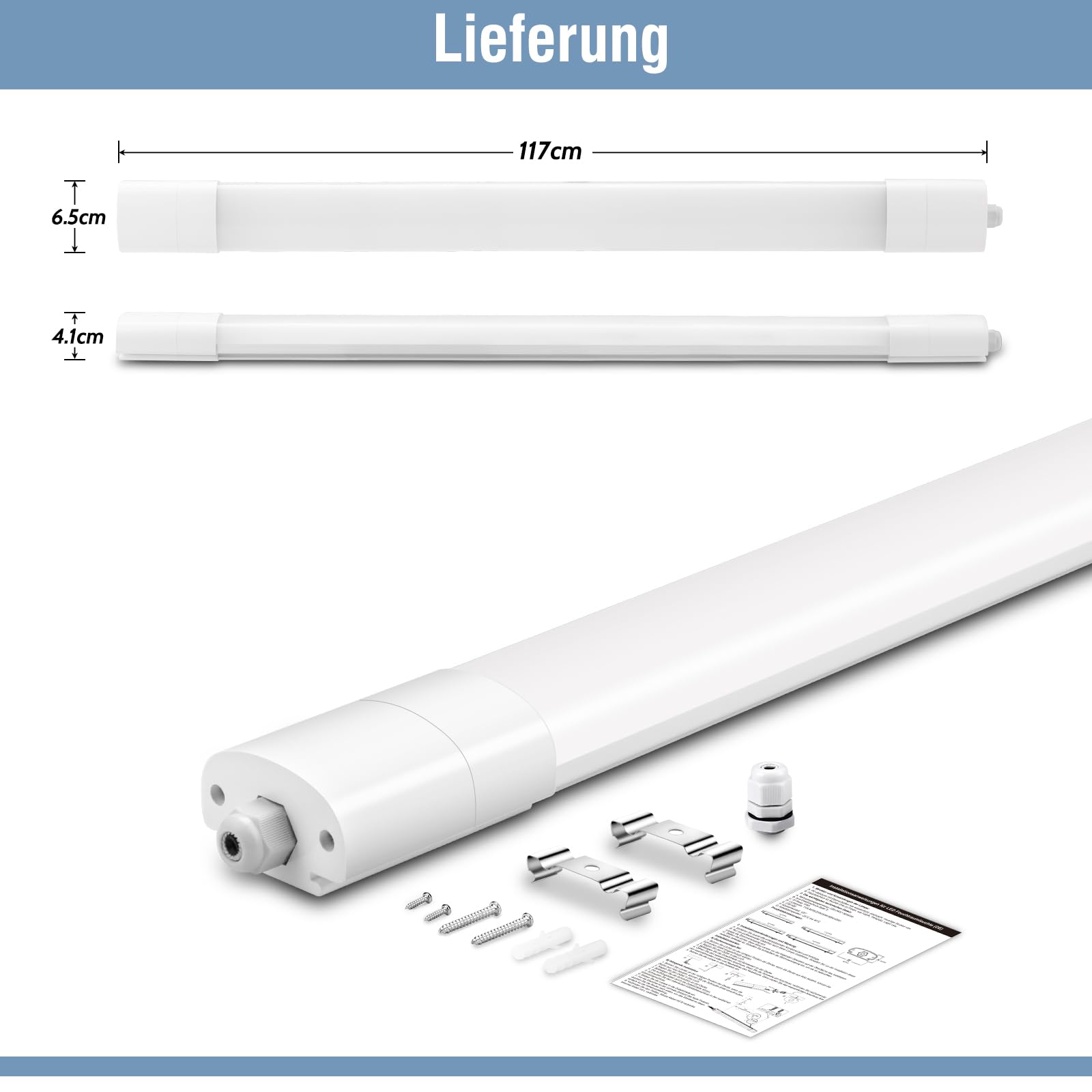 2er LED Feuchtraumleuchte 120CM, Deckenleuchte LED Röhre 36W 4000LM, IP65 Kellerleuchte, Wasserfest Feuchtraumlampe Wannenleuchte für Keller Werkstatt Garage Küche Bad Büro, Neutralweiß, 4000K
