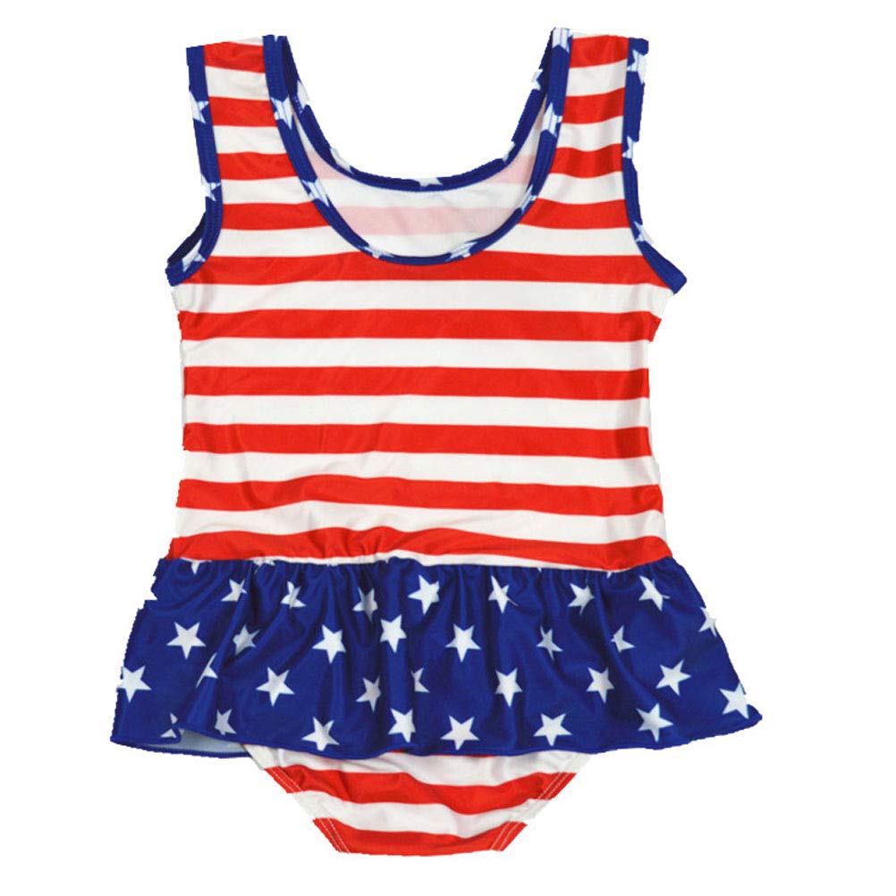 July 4th Baby Girl Ruffled Single Piece American Flag Printed Bow Beach Swimwear Swimsuit Rash Guard (Red, 12M)