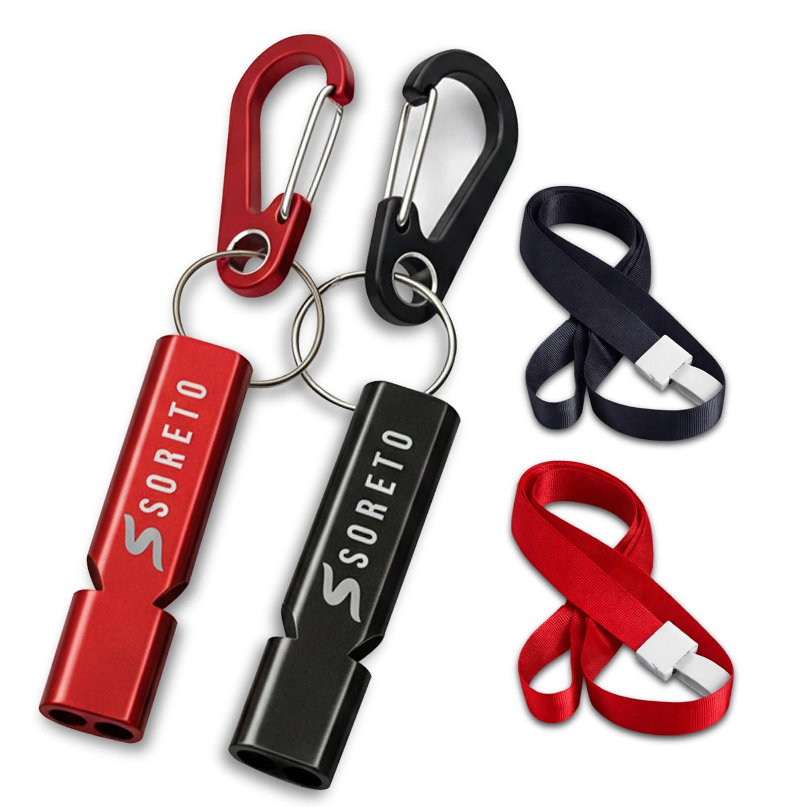SORETO 2-Pack Emergency Whistle Survival Loud – Aluminum Double Tube Safety Whistle with Lanyards & Carabiners – High Decibel Storm Whistle for Hiking, Camping & Outdoor Rescue – Survival Whistles