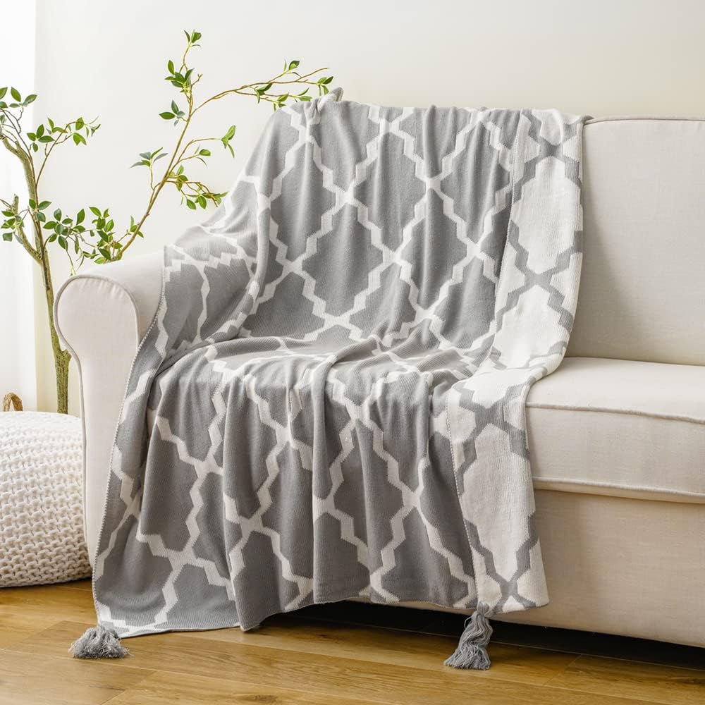 BATTILO HOME Ogee Pattern Throw Blanket, Knitted Grey Throw Blankets Soft Cozy Decorative Throw Blanket for Couch Sofa Chair Bed, 50x60 Inch