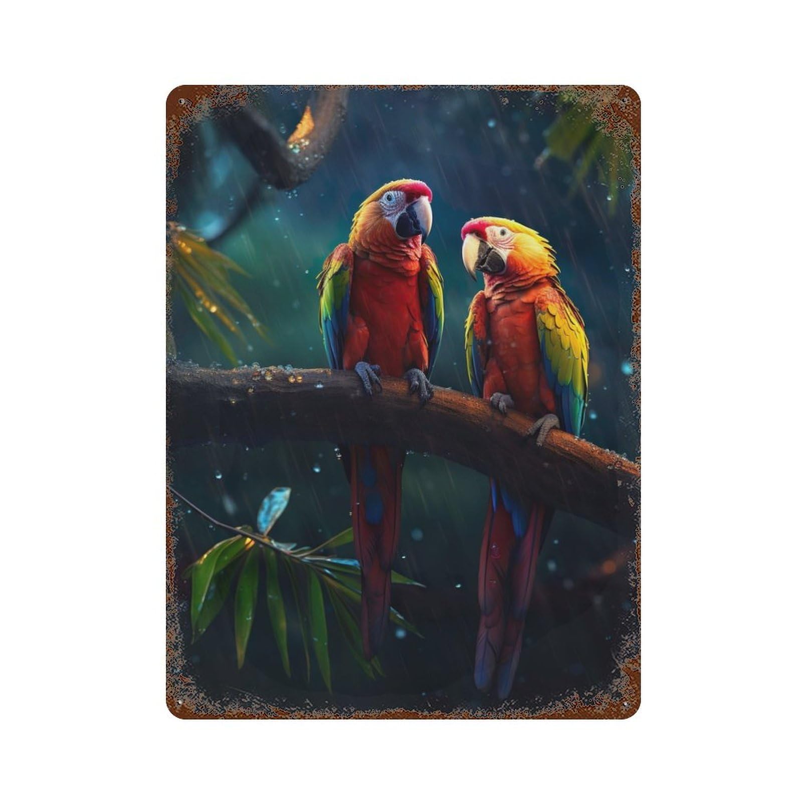 Vintage Rust Metal Sign Epic Rainy Parrots 15.7"x11.8", Decorative Metal Wall Art for Basement, Hobby Room And Garage Decor