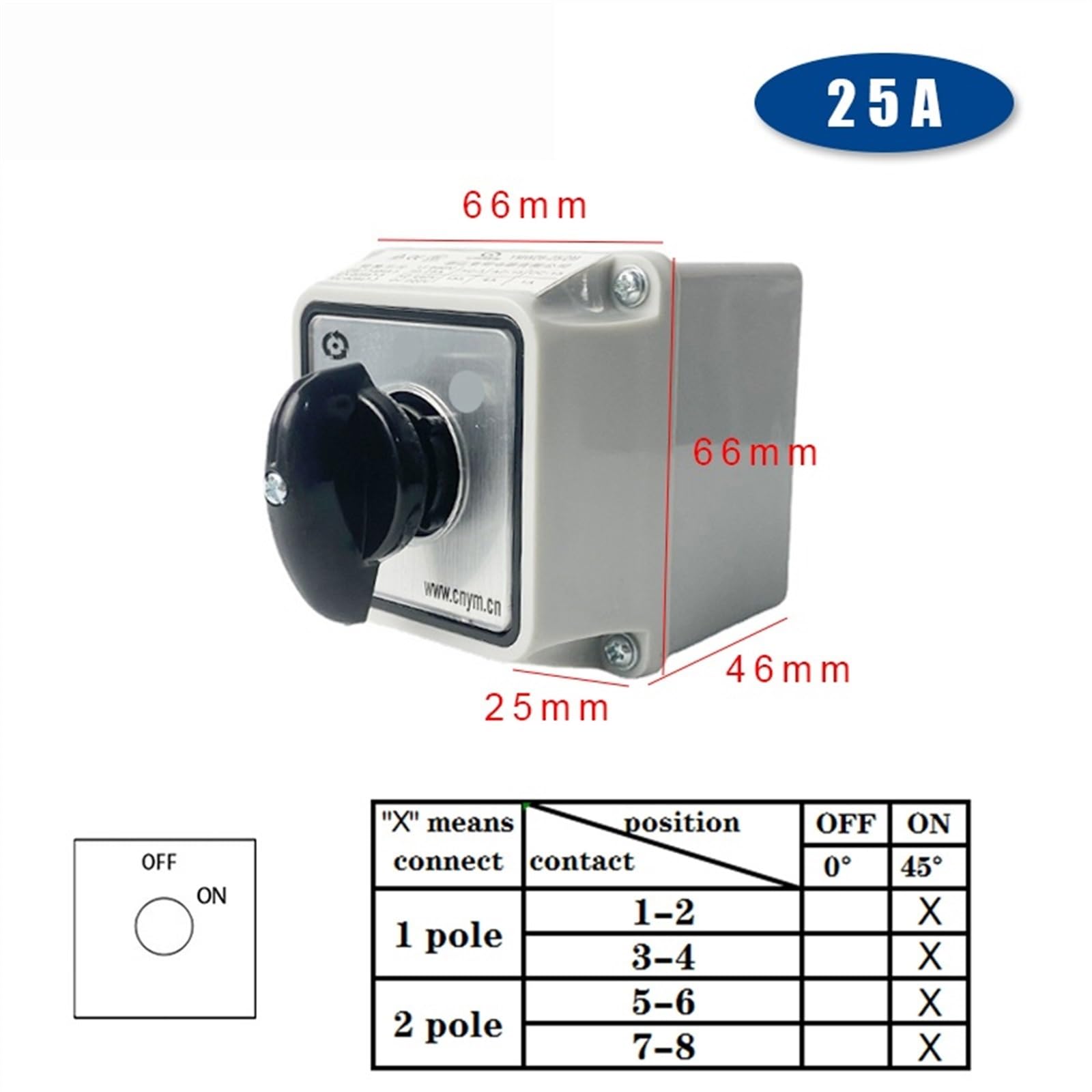 LW26-25/2M Camma di Commutazione 3 Posizioni Rotary Switch 25A 2 Poli Con Scatola di Custodia Impermeabile Motore Elettrico di Retromarcia (Color : Switch Box OFF-ON)