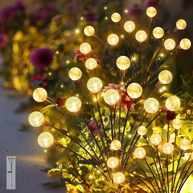 Btag Garden Sun-Powered Light 8 led Swaying Crystal Ball Firefly Flickering Outdoor Waterproof Decorative lamp for Pathway & Home Decor Warm White Auto On/Off,(65cm) (Pack of 2) (PO1A)-image-20