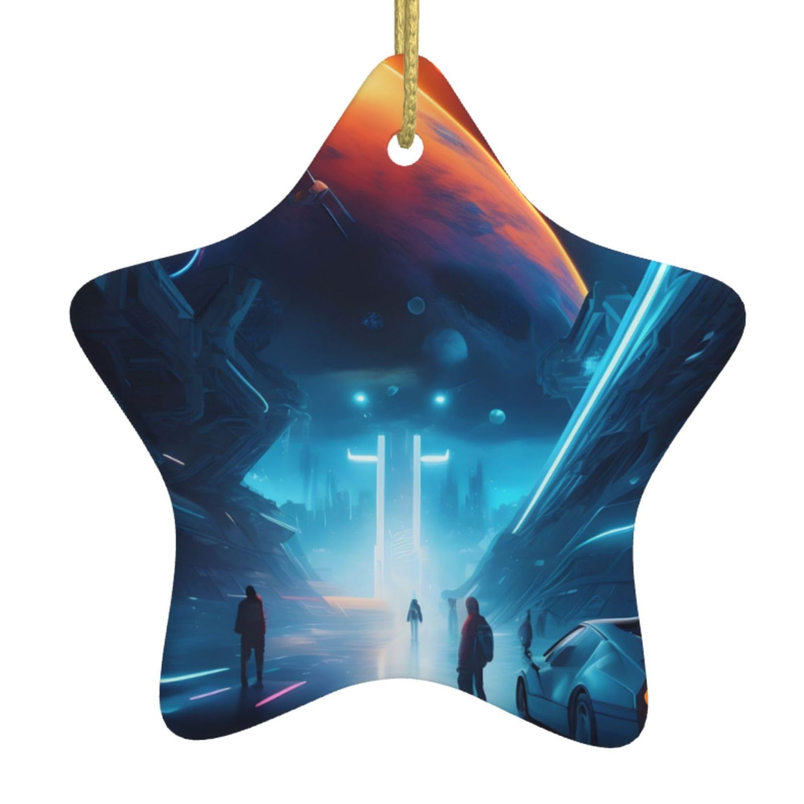 Science Fiction Future Christmas Ceramic Star Pendant with Punched Holes and Gold Wire Rope, Christmas Tree Home Decoration