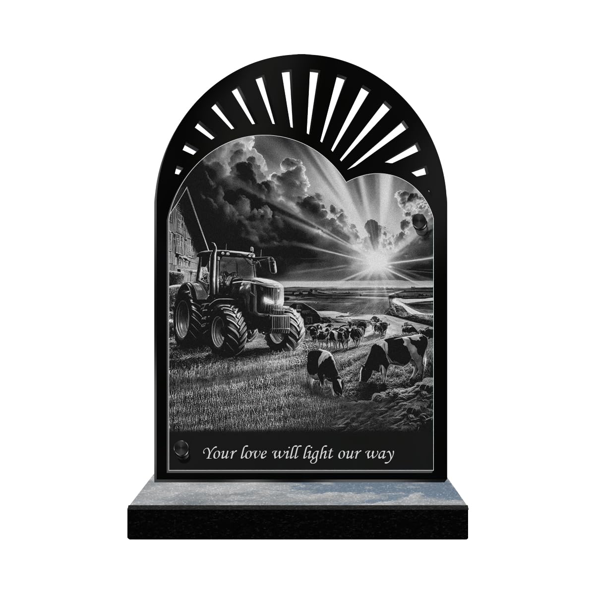 ETERNEL - Personalized Funeral Plaque Sun Rays - Farm Tractor, Farmer, Cow - Customizable text, laser-engraved funeral plaque for tribute, tombstone memorial plaque