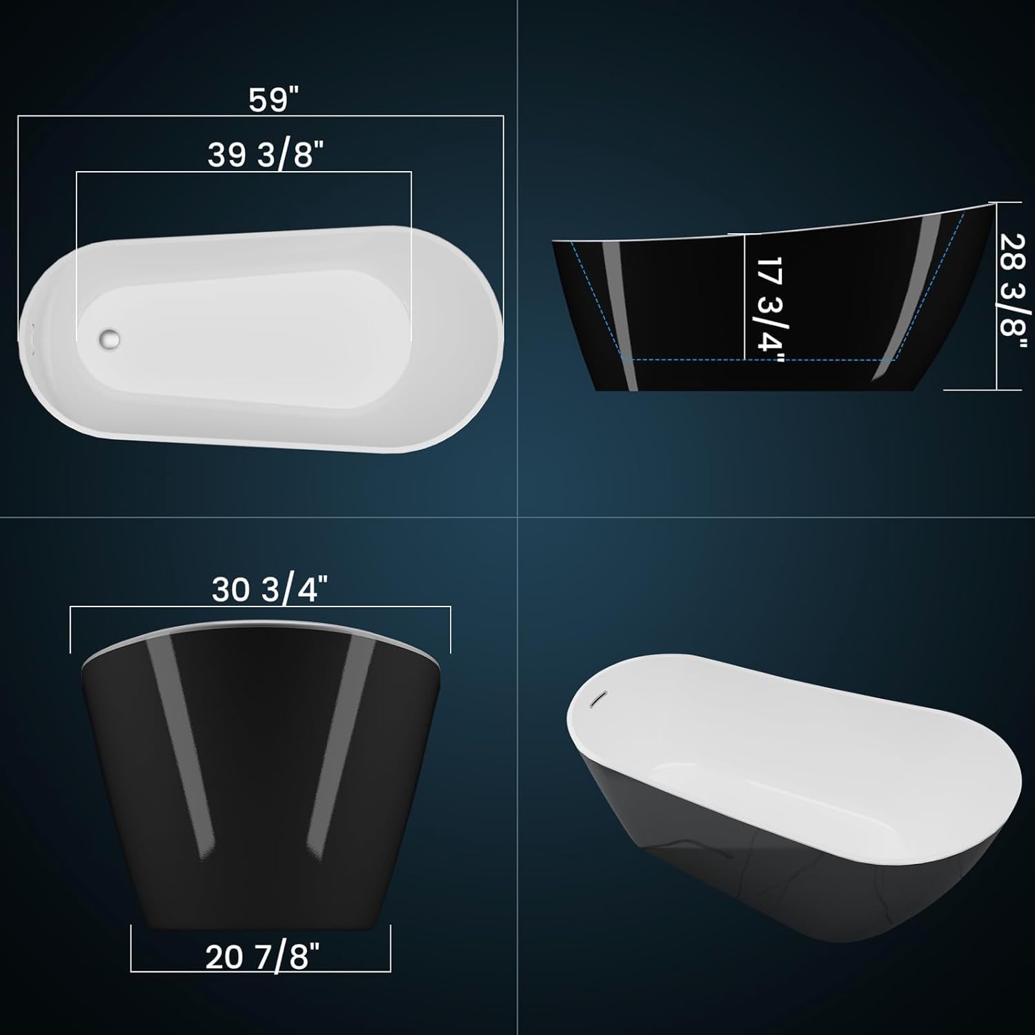 59-Inch Acrylic Freestanding Soaking Bathtub, Deep Standalone Tub with Chrome Drain & Overflow, Black & White Modern Design for Small Bathroom Remodel and Spa - Image 2