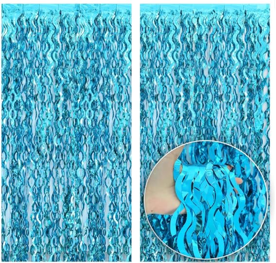Katchon, Xtralarge Wavy Blue Foil Fringe Curtain - Pack of 2 | Blue Streamers for Under The Sea Party Decorations | Foil Fringe Backdrop for Birthday, Cruise Door Decorations, Pool Party Decorations