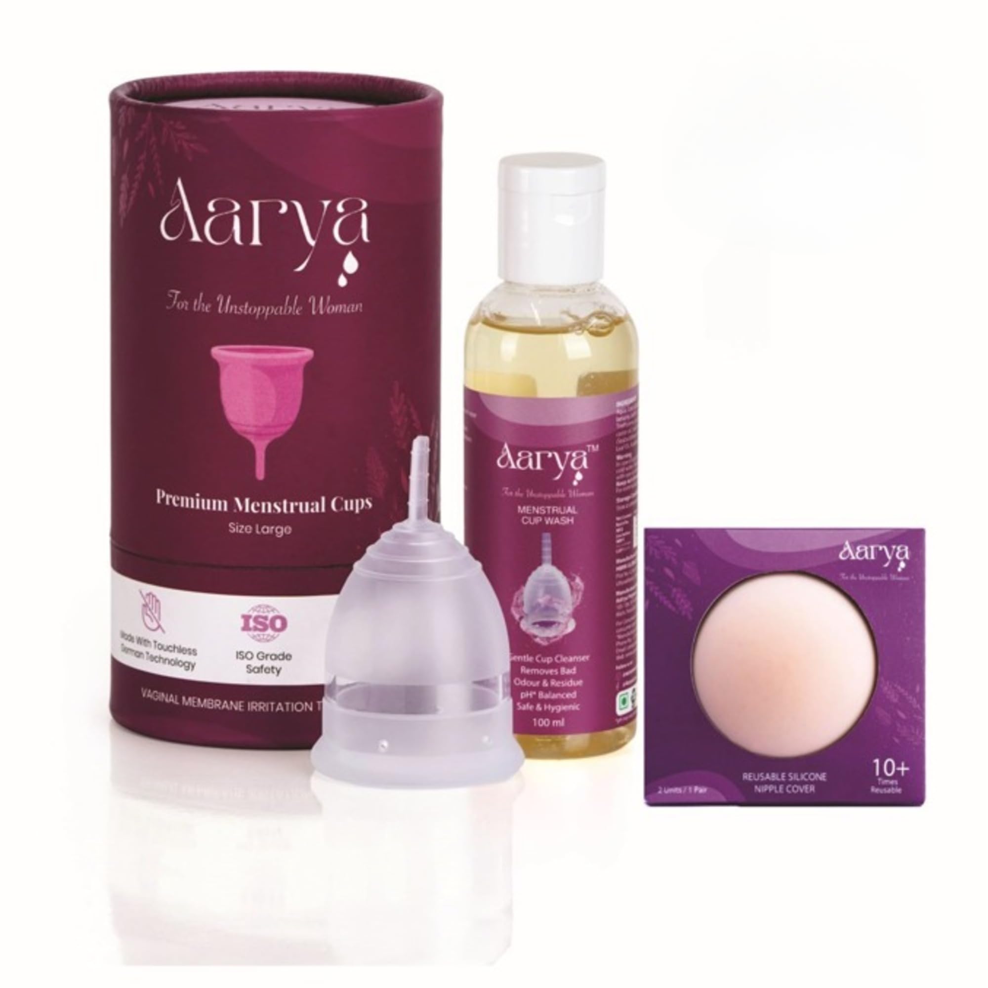 AARYA Reusable Menstrual Periods Cup for Women with Cup Wash| Free Silicone Nipple Cover - Medical Grade Silicone | Comfortable Odour & Rash-Free | Leak Free upto 8 Hrs | FDA Compliance (Large+100ml) (B0CBQC25N3) Amazon Price History, Amazon Price Tracker