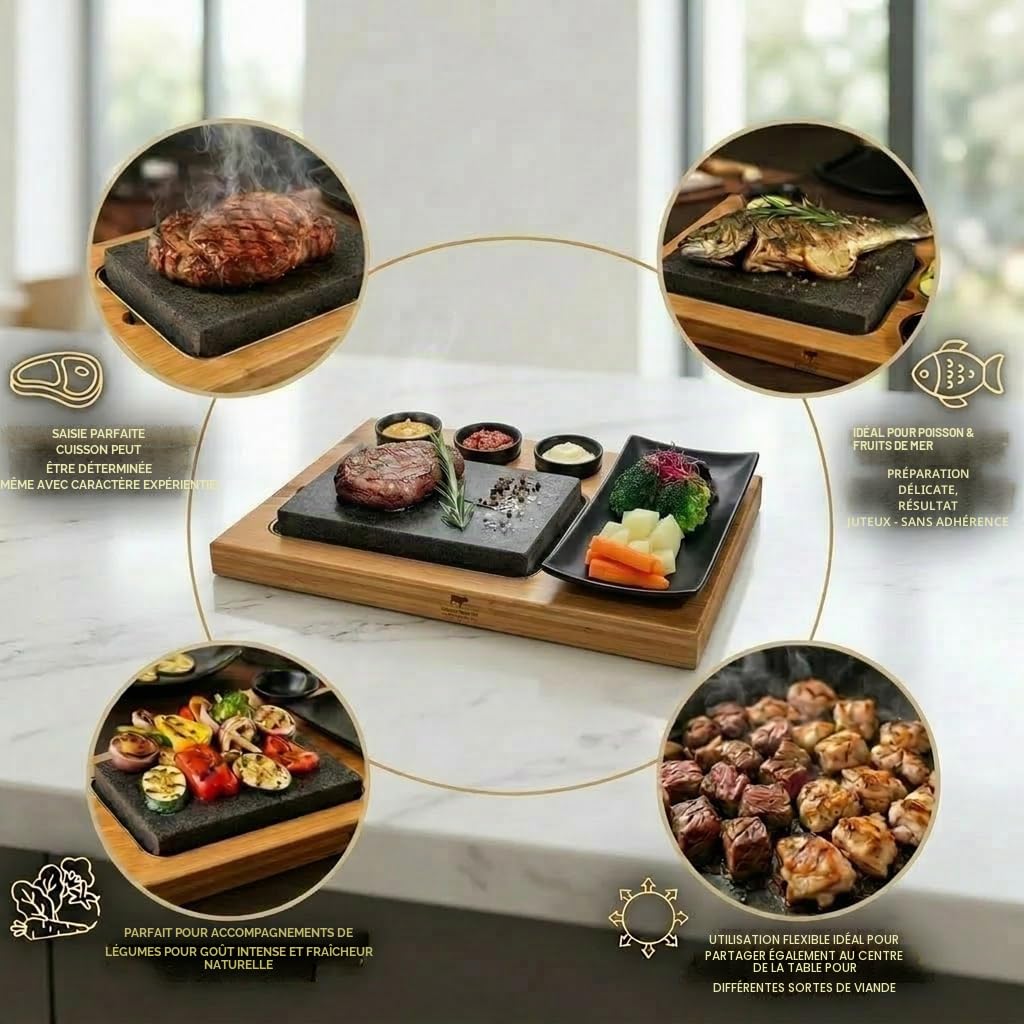Lot de 4 Pierres de Lave pour Steak Planches avec Plaque en Porcelaine (Uno Black)