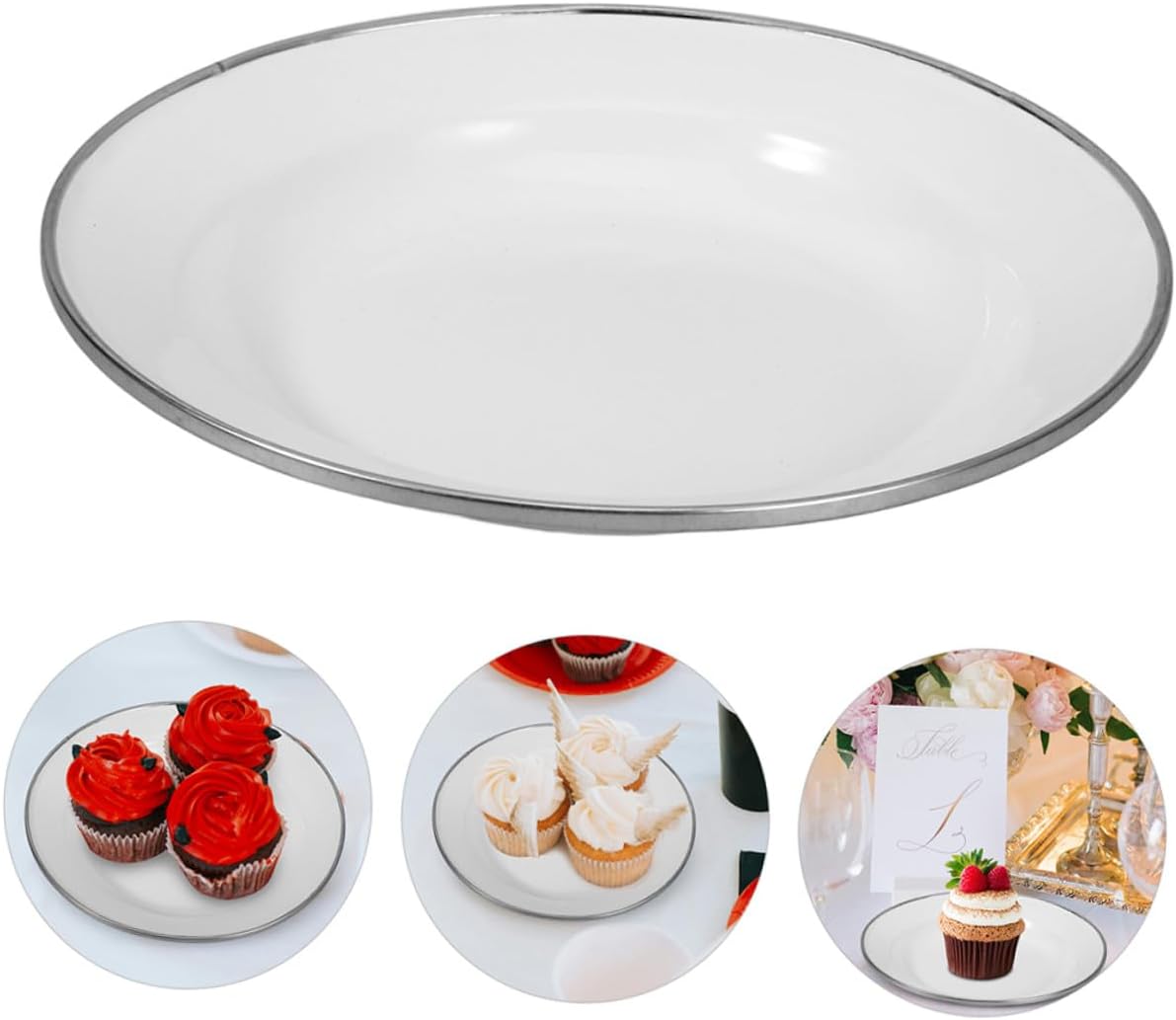 4pcs White Thickened Retro Enamel Snack Plates 22cm Small Serving Bread Tableware Sturdy Enamel Food Dishes for Home Kitchen Appetizer and Dessert