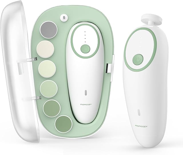 Momcozy Fichier de ongles de bébé électrique, doux trimeur de ongles bébé électrique , Clipper de ongles pour bébé avec lumière de nuit, 7 Plaquettes de rechange pour tête de broyage, vert